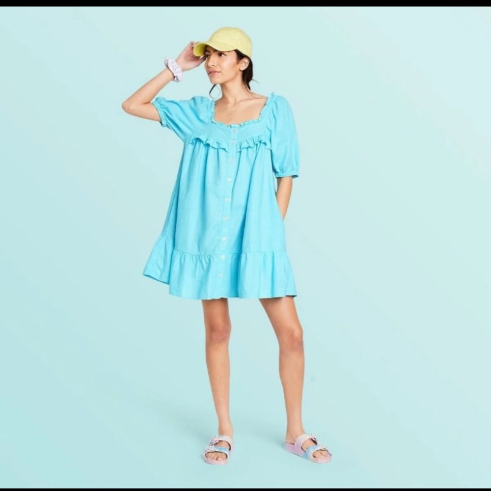 Stoney Clover Lane x Target Short Sleeve Ruffle Dress Blue Medium nwt